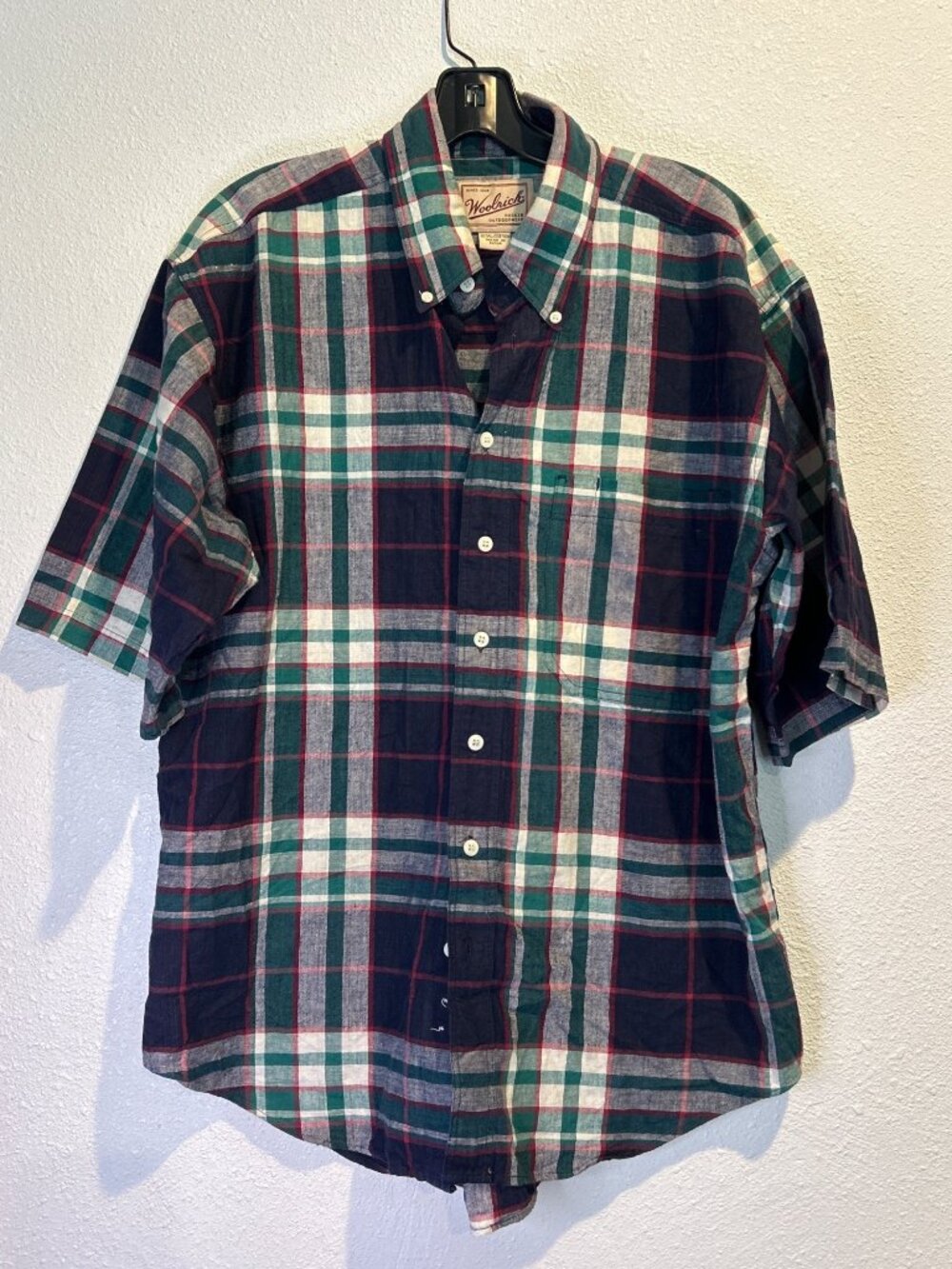 Woolrich Button Down Shirt Men’s XL Short Sleeve Red Plaid 100% Cotton Vintage